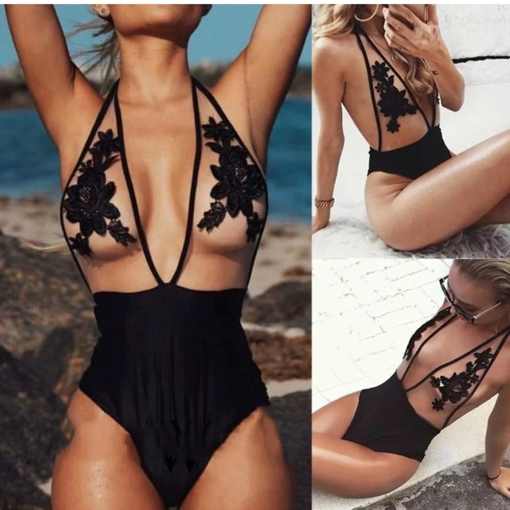 Sexy Flower Embroidered Mesh One Piece Swimsuit in excellent condition size S